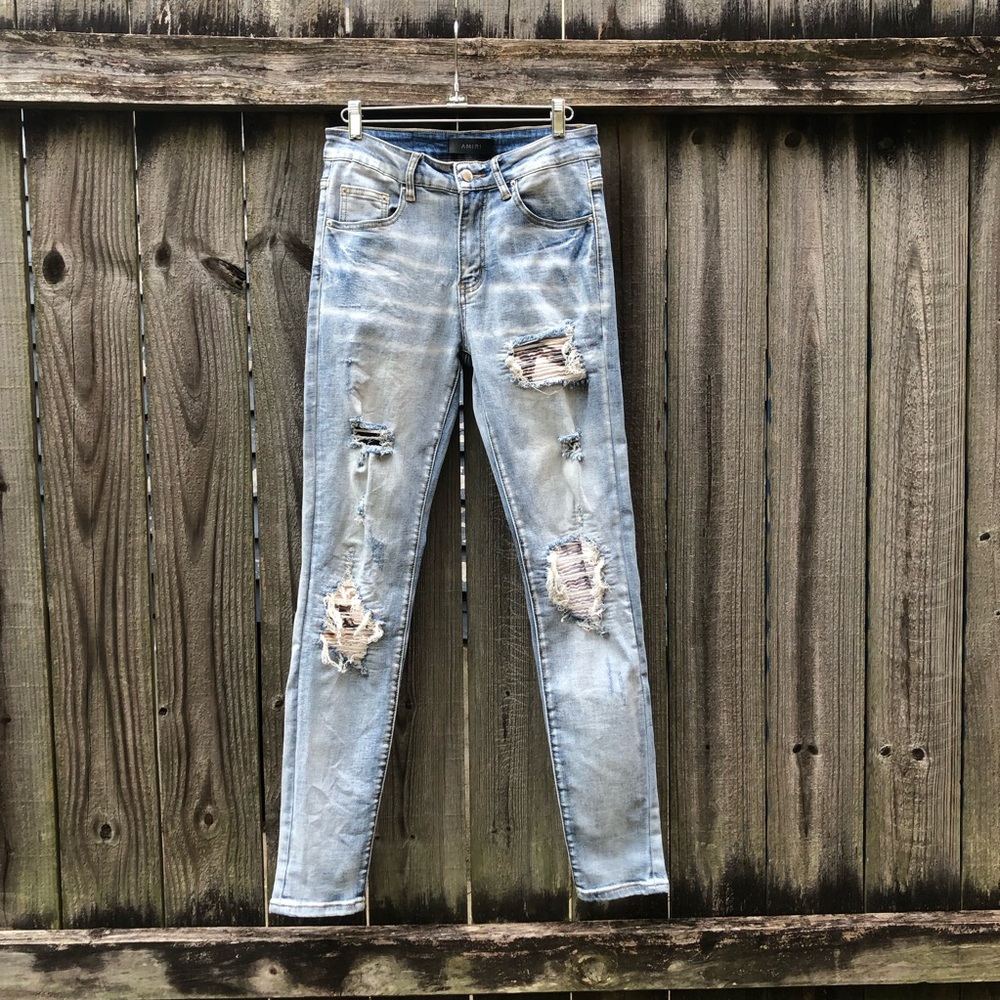 Amiri MX1 Jeans Distressed Ribbed Patchwork Size 29 Light Wash Skinny Stretch